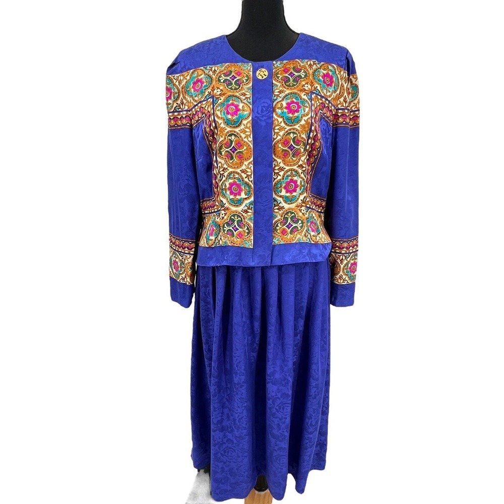 Maggy London Skirt Set Womens 14 Blue Excellent 100% Silk Vintage 2pc Jacquard